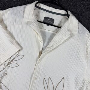 Saints Studio Men XL Cuban Collar Shirt Cream Crinkle Textured Floral Embroidery